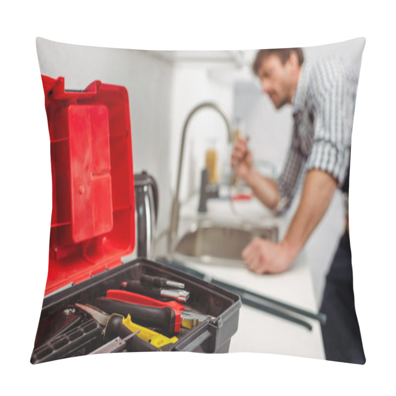 Personality  Selective Focus Of Instrument In Toolbox And Plumber Working In Kitchen  Pillow Covers