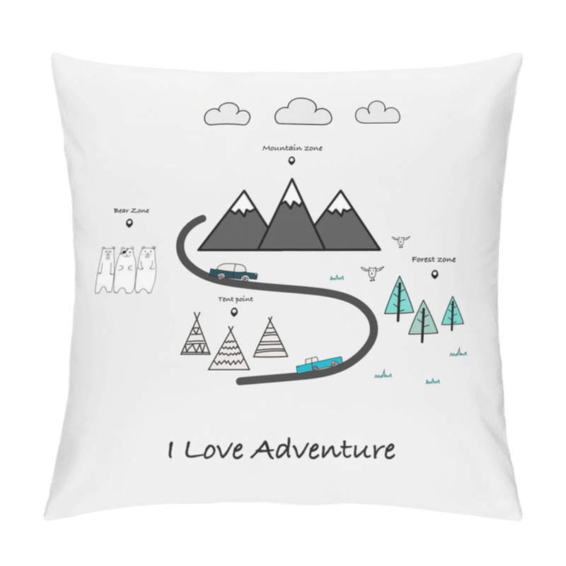 Personality  I Love Adventure Typography With Car, Bear, Tent, Mountains And Forest Tree. Pillow Covers