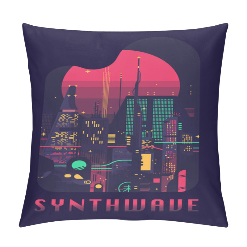 Personality  Nthwave Flat Vector Concept Design. Retro Futuristic Poster Template On 80s Style Sci-fi. Vector Flat Design On Dark Dystopian Megalopolis With Neon Lights, Huge Skyscrapers And Gigantic Sun Disc Pillow Covers