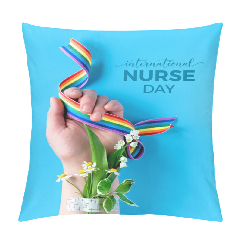 Personality  International Nurse Day Concept. Hand Of Mature Woman With Chamomile Flower Bouquet Attached With Medical Aid Patch Holding Rainbow Ribbon. Creative Modern Flat Lay, Top View On Blue Background. Pillow Covers