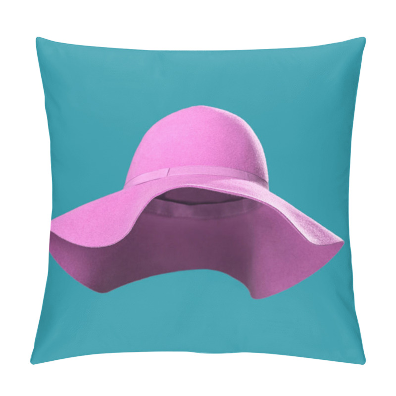 Personality  Woman Purple Felt Hat Isolated On Blue Background Pillow Covers