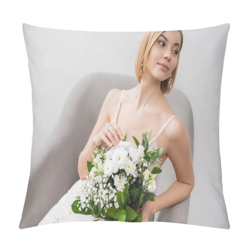 Personality  Special Occasion, Beautiful Young Bride In Wedding Dress Sitting In Armchair And Holding Bouquet On Grey Background, Engagement Ring, White Flowers, Bridal Accessories, Happiness, Feminine  Pillow Covers