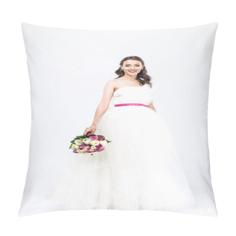 Personality  Smiling Young Bride In Wedding Dress With Bouquet On White Pillow Covers