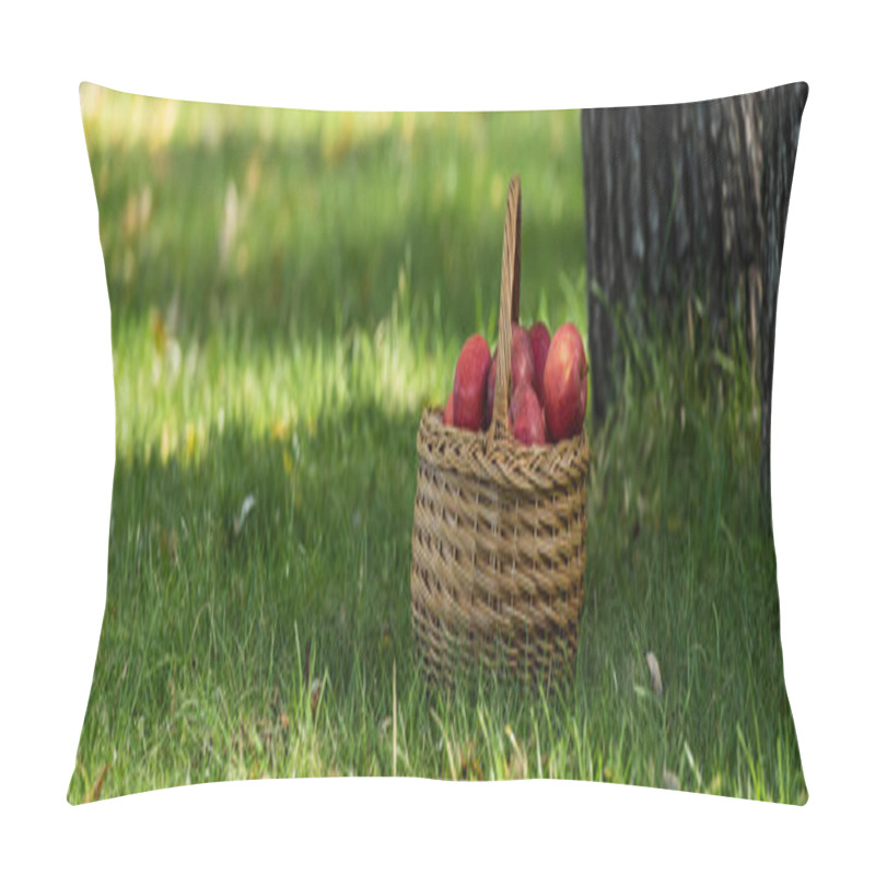 Personality  Red Fresh Apples In Wicket Basket On Green Lawn With Fresh Grass, Banner  Pillow Covers