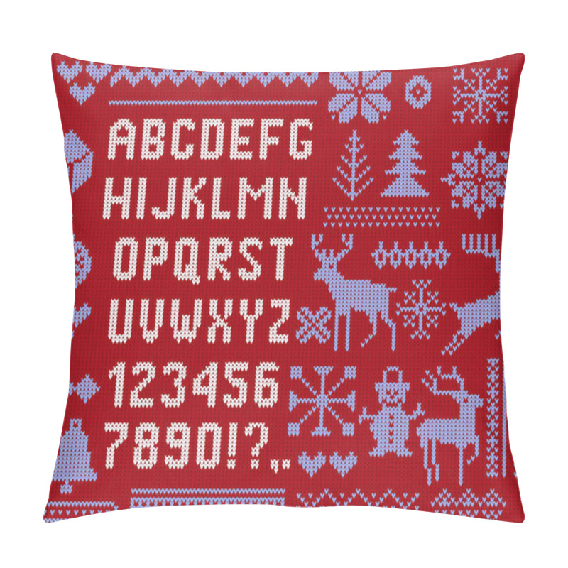 Personality  Big Set Bold Alphabet With Numbers On Knit Red Texture. Knitted Font On Sweater Print. Seamless Pattern With Zigzag, Holidays Element. Christmas Font And Numbers Vector Knitted Illustration. Pillow Covers