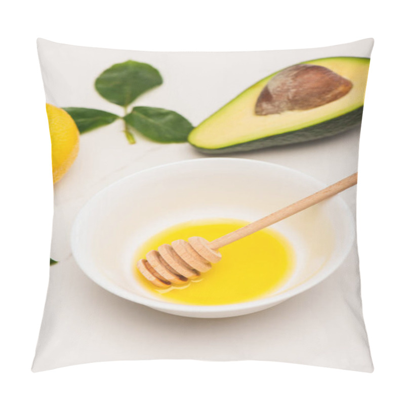 Personality  Bowl With Honey And Dipper, Fresh Avocado, Lemon And Rose Leaves On White Pillow Covers