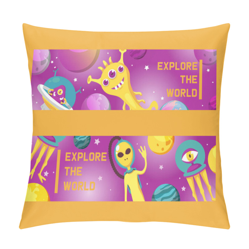 Personality  Monster Alien Set Of Banners Vector Illustration. Cartoon Monstrous Character, Cute Alienated Creature Or Funny Gremlin On Halloween For Kids. Spacecraft In Cosmos Among Stars. Pillow Covers