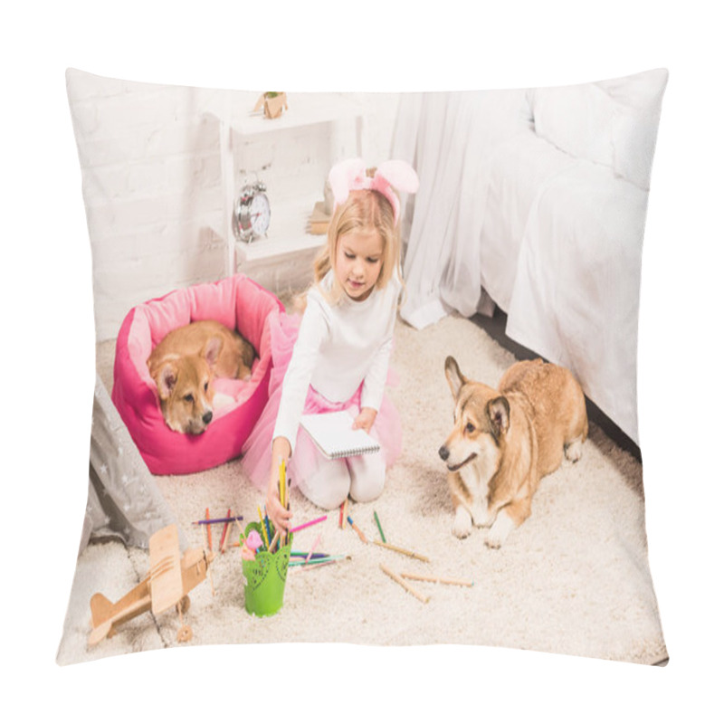 Personality  Child In Bunny Ears Headband Sitting With Welsh Corgi Dogs At Home And Drawing With Coloring Pencils Pillow Covers