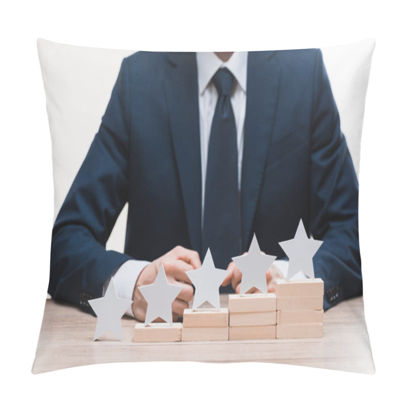 Personality  Cropped View Of Businessman In Formal Wear Sitting Near Stars Isolated On White, Quality Concept  Pillow Covers