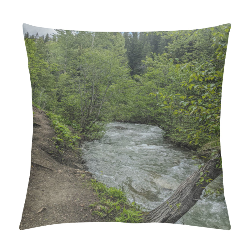 Personality  A Winding River Carves Through A Thick Forest With Lush Vegetation. The Rushing Water Follows A Natural Path, Flanked By Towering Trees And A Rugged Dirt Trail Along The Edge. Pillow Covers