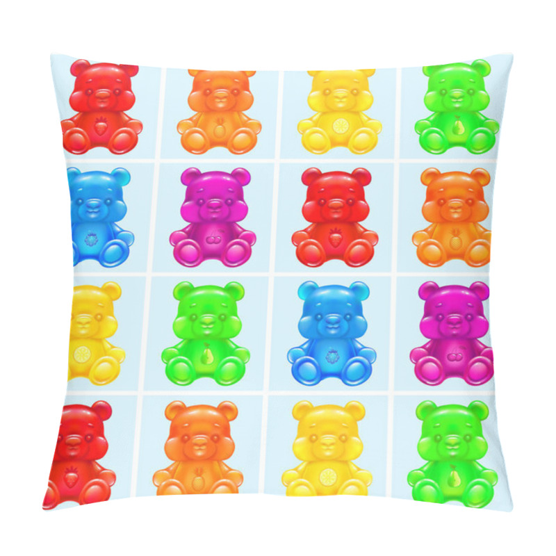 Personality  Funny Cartoon Jelly Bears With Strawberry, Citrus, Pineapple, Cherry,  Blackberry And Pear Flavor. Jelly Candies Set Of Rainbow Colors. Bright Gummy Animals Candy. Vector Illustration. Pillow Covers