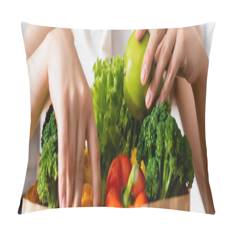 Personality  Horizontal Crop Of Woman Touching Groceries In Paper Bag Pillow Covers