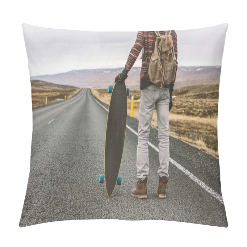 Personality  Skater Traveling Iceland On His Longboard Pillow Covers