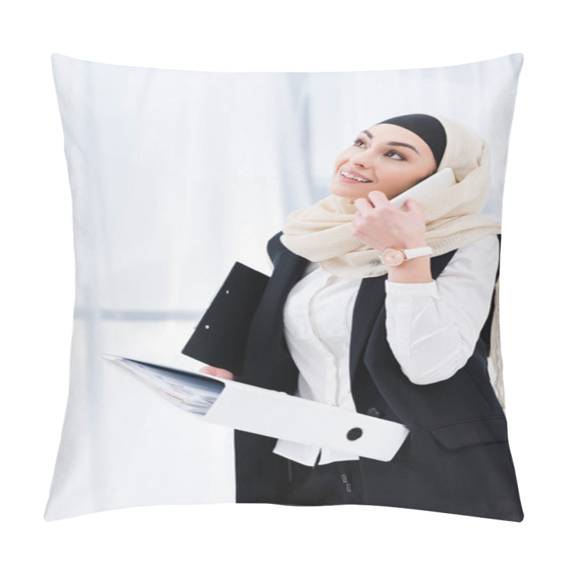 Personality  Portrait Of Smiling Businesswoman In Hijab With Documents Talking On Smartphone In Office Pillow Covers