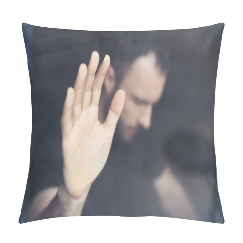 Personality  Selective Focus Of Frustrated Man Holding Hand On Window Glass  Pillow Covers