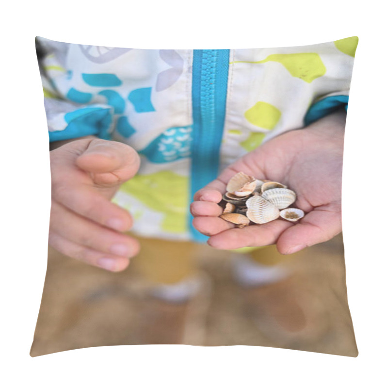 Personality  Close Up Of A Child Holding Sea Shells In His Hands. High Quality Photo Pillow Covers