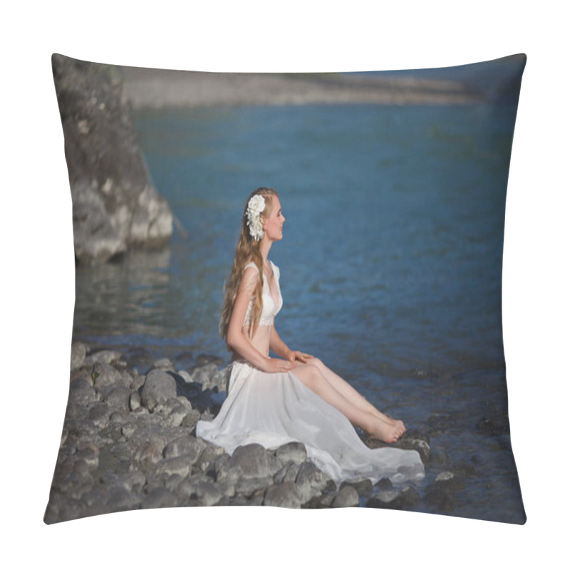 Personality  The Tale Of The Mermaid. Tale Of The River Nymph. A Girl In White Clothes Stands On A Rocky Shore Near The River. Photosession In Altai. Pillow Covers