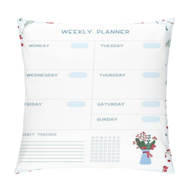 Personality  Blank Weekly Planner Vector Template. Empty Winter Themed Personal Organizer. Timetable With Decorative Frame.  Traditional Christmas Symbolic Tree Leaves, Berries, Bouquet  Illustration With Text Spac Pillow Covers