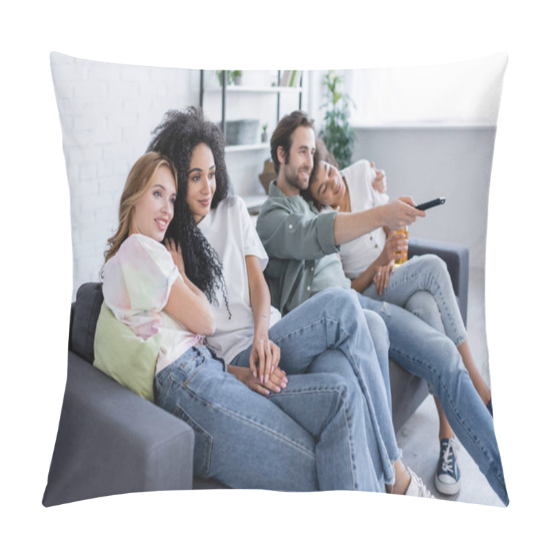 Personality  Cheerful Lesbian And Pleased Heterosexual Couples Watching Movie On Sofa Pillow Covers