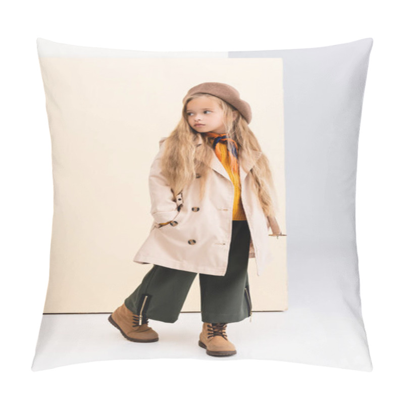 Personality  Fashionable Blonde Girl In Autumn Outfit Looking Away And Walking On Beige And White Background Pillow Covers