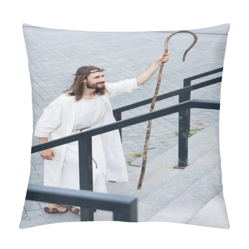 Personality  High Angle View Of Cheerful Jesus In Robe And Crown Of Thorns Walking On Stairs With Staff Pillow Covers