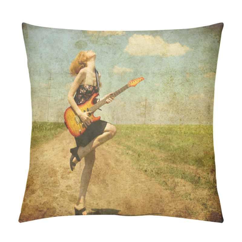 Personality  Rock Girl With Guitar At Countryside. Pillow Covers