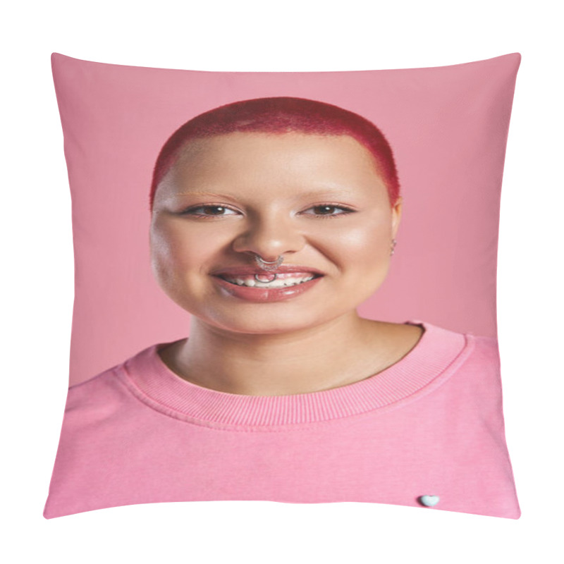 Personality  Showcasing Vibrant Style, A Young Woman With Short Pink Hair And A Nose Piercing Smiles Brightly. Pillow Covers