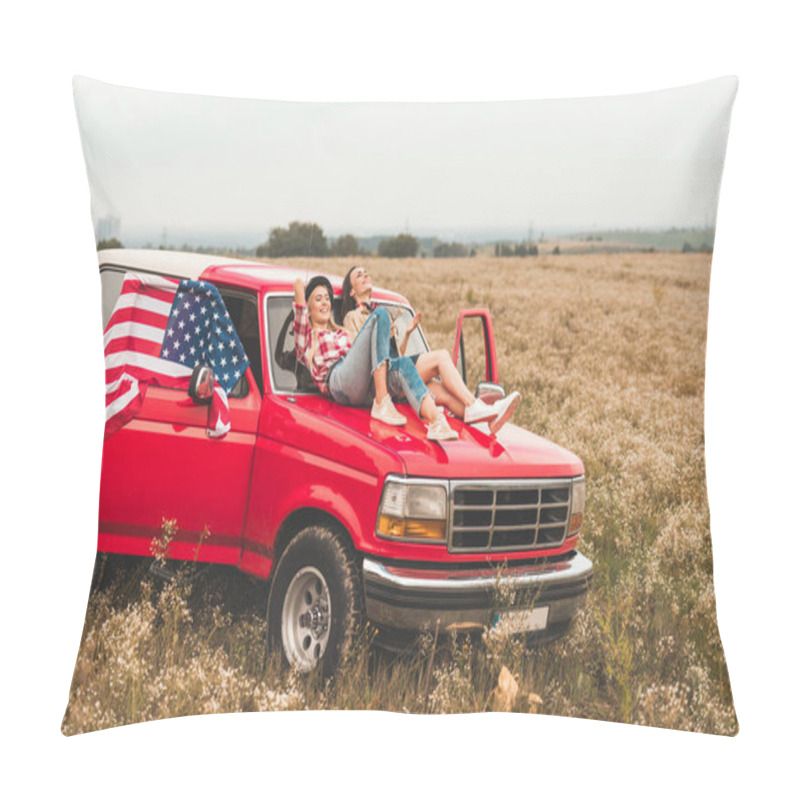 Personality  Beautiful Young Girlfriends Relaxing On Car Hood In Field Pillow Covers