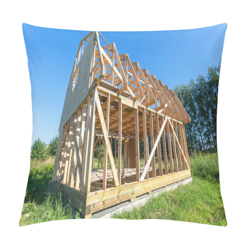 Personality  Construction Of A New Wooden House At The Village In Summer Sunny Day Pillow Covers