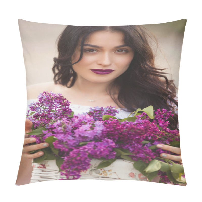 Personality  Young Brunette Woman In White Romantic Dress And Bright Makeup Holding Bouquet Of Fresh Lilac Pillow Covers