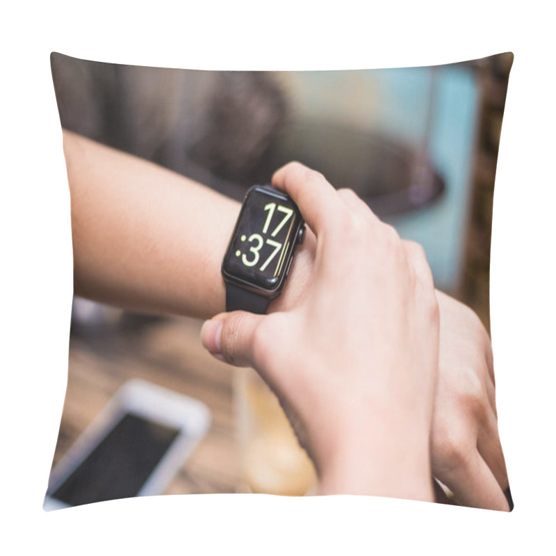 Personality  Woman Using Smart Watch In Cafe, Close Up On Hand Pillow Covers