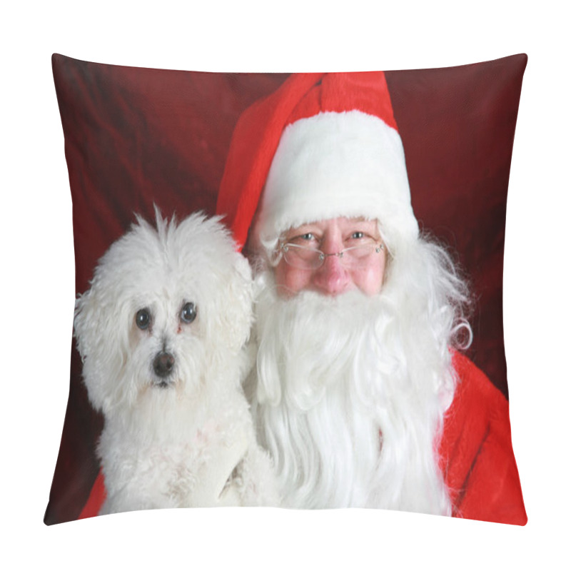 Personality  Christmas Santa Claus. Christmas Bichon Frise Dog. Santa Claus Holds A Bichon Frise Dog. Santa Holds His Bichon Frise Dog. Santa Holds His Pure Breed Bichon Frise Dog For A Christmas Photo. Merry Christmas.  Pillow Covers