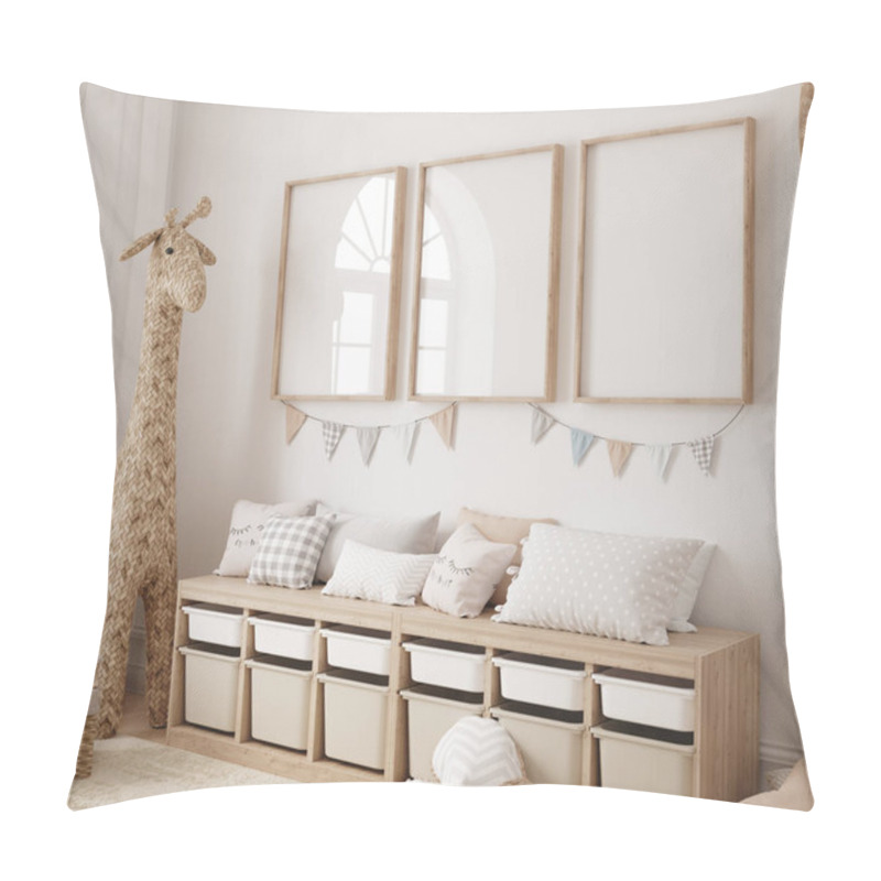 Personality  Mock Up Frame In Children Room With Natural Wooden Furniture, Farmhouse Style Interior Background, 3D Render Pillow Covers