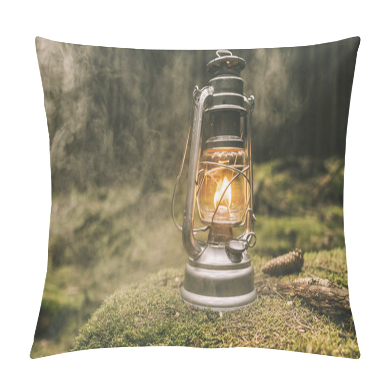 Personality  Man Hand Holding Gas Lantern In The Deep Forest Pillow Covers