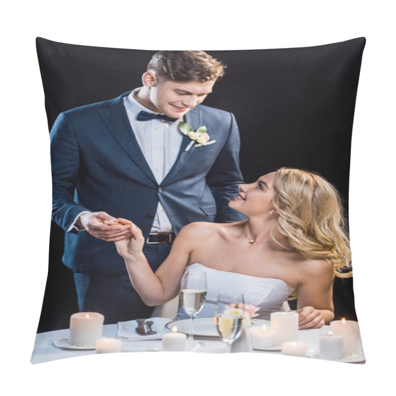 Personality  Happy Bride Holding Hands With Handsome Groom Isolated On Black Pillow Covers