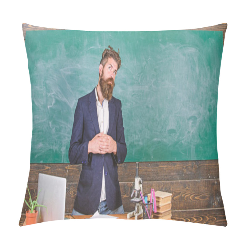 Personality  Teacher Bearded Man Tell Interesting Story. Teacher Interesting Interlocutor Best Friend. Teacher Charismatic Hipster Stand Near Table Classroom Chalkboard Background. Talking To Students Or Pupils Pillow Covers