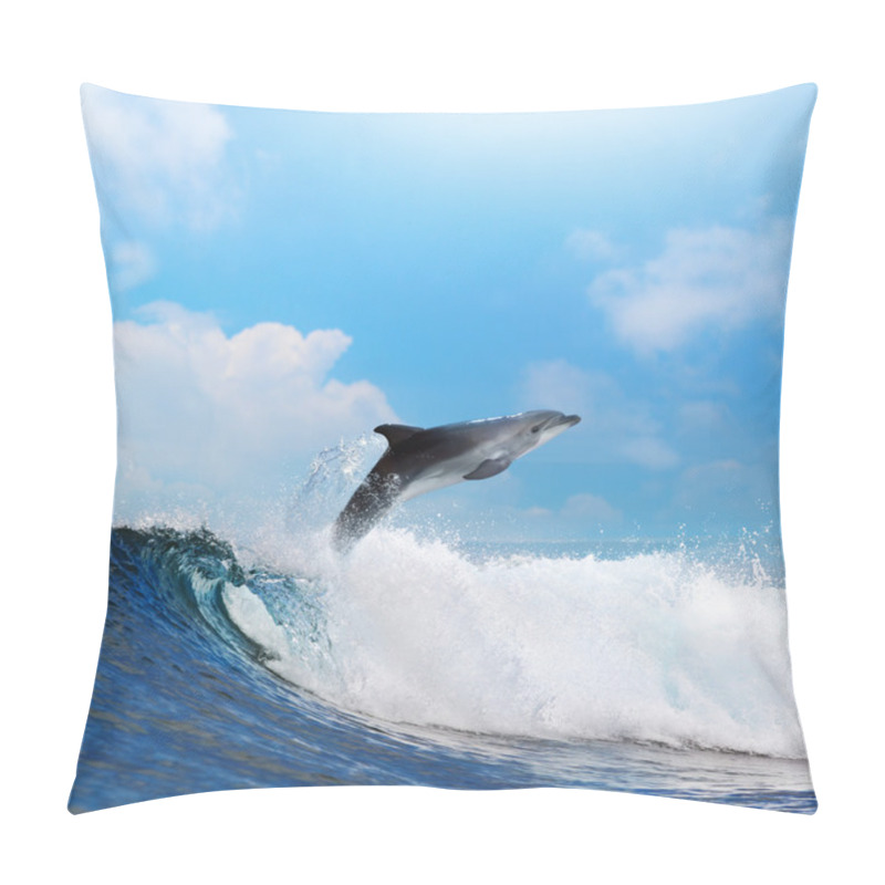 Personality  Happy Dolphin Leaping Through Breaking Wave Pillow Covers