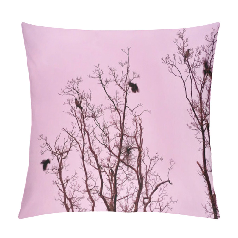 Personality  A Serene Scene Featuring Silhouetted Birds Resting On Bare Tree Branches With A Pastel Pink Sky In The Background. The Image Captures A Peaceful And Tranquil Winter Moment In Nature. Pillow Covers