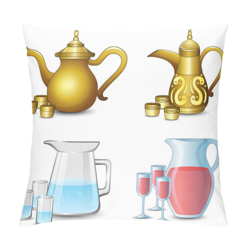 Personality  Vector Illustration Of Collection Of The Teapot With Cups On White Background Pillow Covers