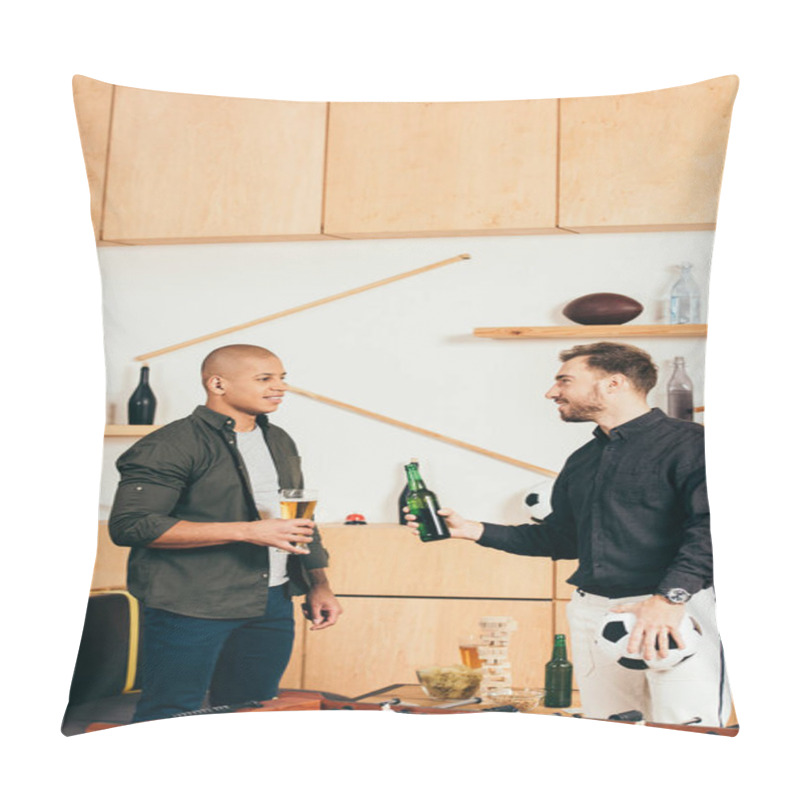 Personality  Side View Of Multicultural Men With Beer Having Conversation In Cafe Pillow Covers