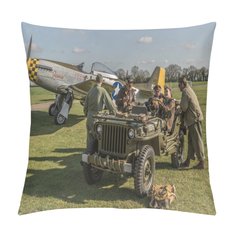 Personality  Ground Crew Sit In A WW2 Jeep With A P-51 Mustang In The Backgro Pillow Covers