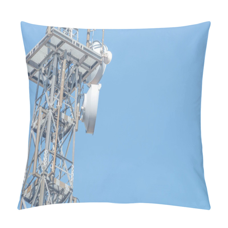 Personality  Banner With Telecommunication Tower With Many Transmitters And Receivers For Various Radio Frequencies And Data Transmission, Including 5G And Satellite At Blue Sky Pillow Covers