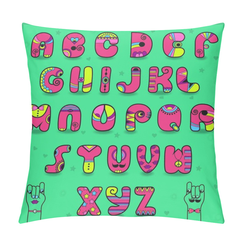 Personality  Candy Alphabet. Funny Pink And Yellow Letters. Unusual Artistic Font. Cartoon Hands Looking At Each Other. Vector Illustration Pillow Covers