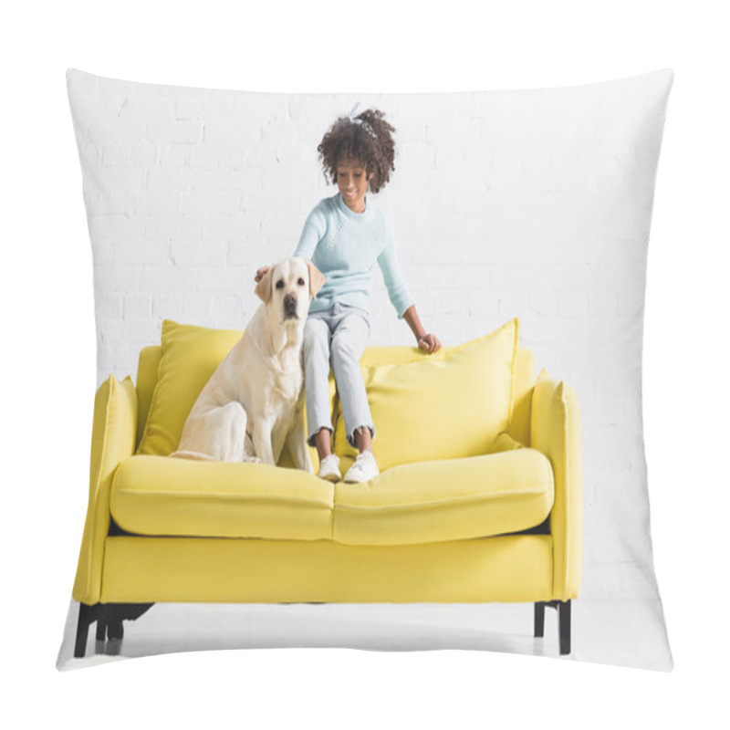 Personality  Smiling African American Girl Stroking And Looking At Labrador, While Sitting On Back Of Sofa At Home Pillow Covers