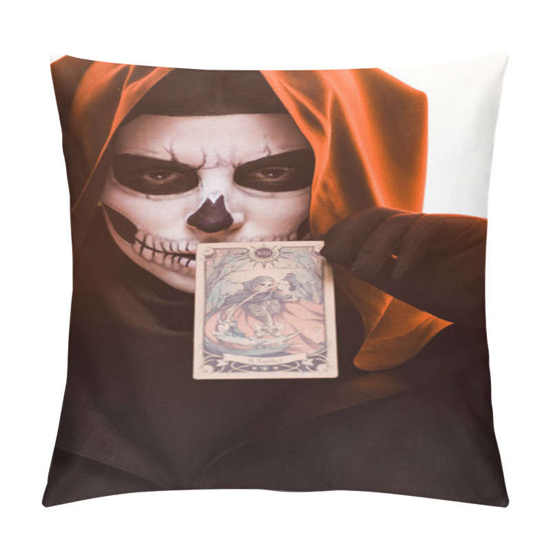 Personality  KYIV, UKRAINE - APRIL 18, 2019: Woman With Skull Makeup Holding Tarot Card Isolated On White Pillow Covers