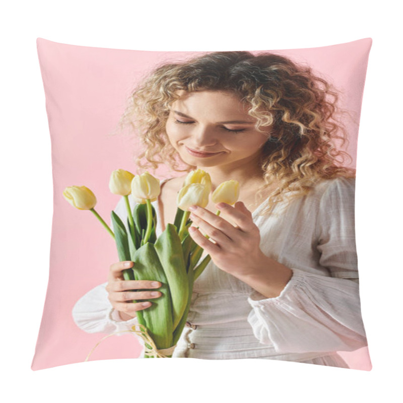 Personality  Woman Holding Yellow Tulip Bouquet On Pink Backdrop. Pillow Covers