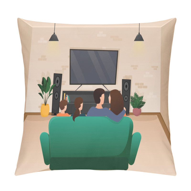 Personality  Illustration With Living Room Design With Sitting Family. Cartoon People Vector Illustration Pillow Covers