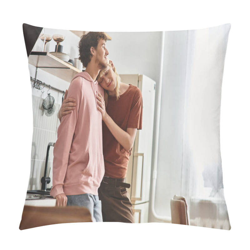 Personality  Two Loving Men Embrace In A Sunlit Kitchen, Showcasing Their Bond And Affection For Each Other. Pillow Covers