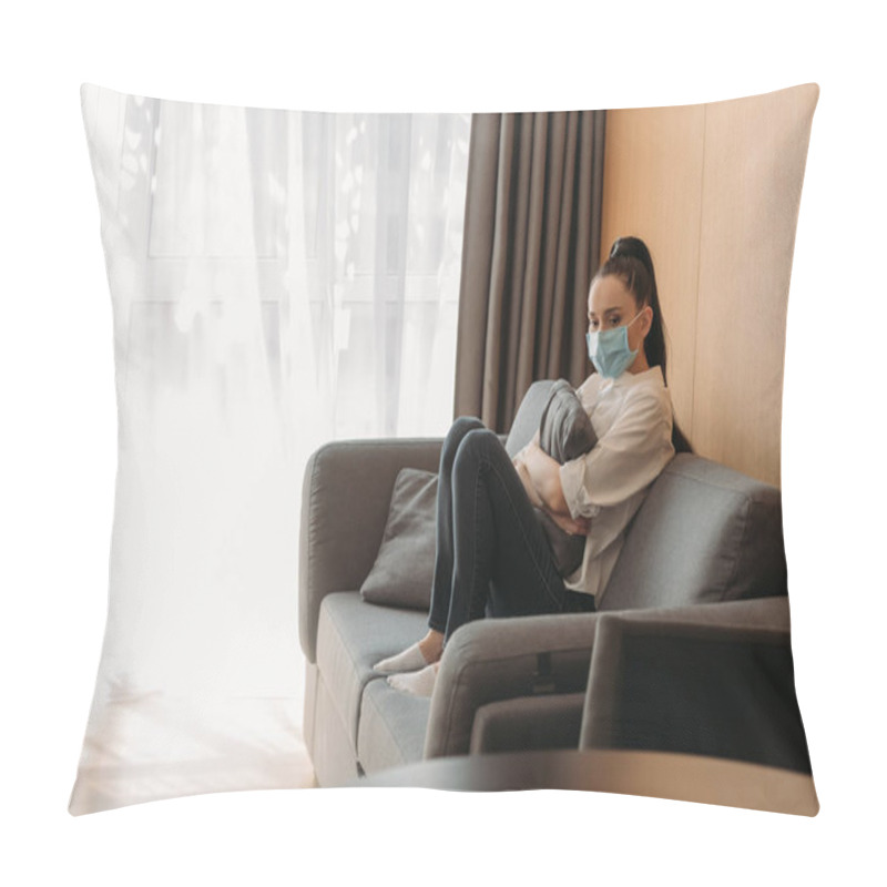 Personality  Upset Young Woman In Protective Mask Sitting On Sofa And Hugging Pillow Pillow Covers