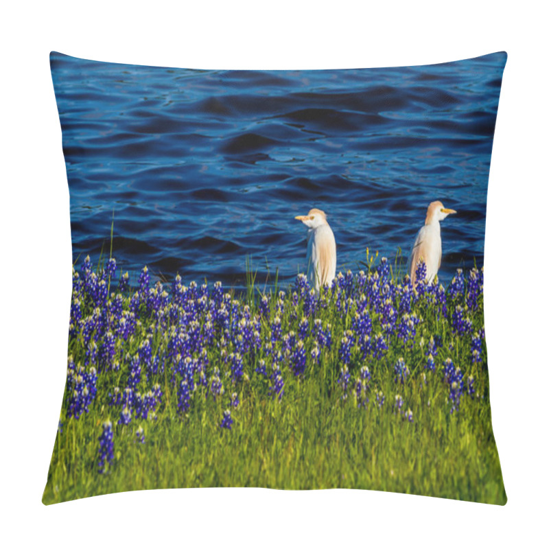 Personality  Egrets In Texas Bluebonnets At Lake Travis At Muleshoe Bend In T Pillow Covers